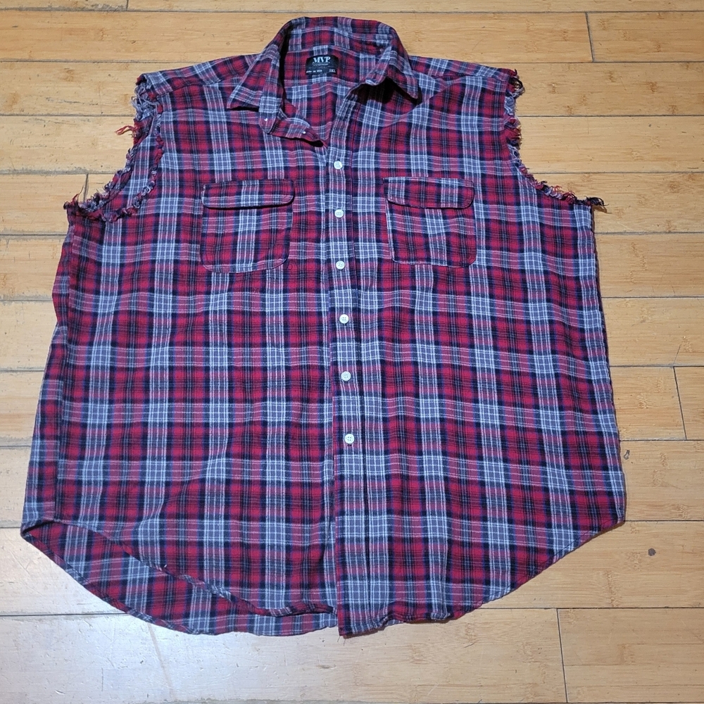 The "MVP" red palid flannel raw edge sleeveless buttondown shirt Men's 3XL
